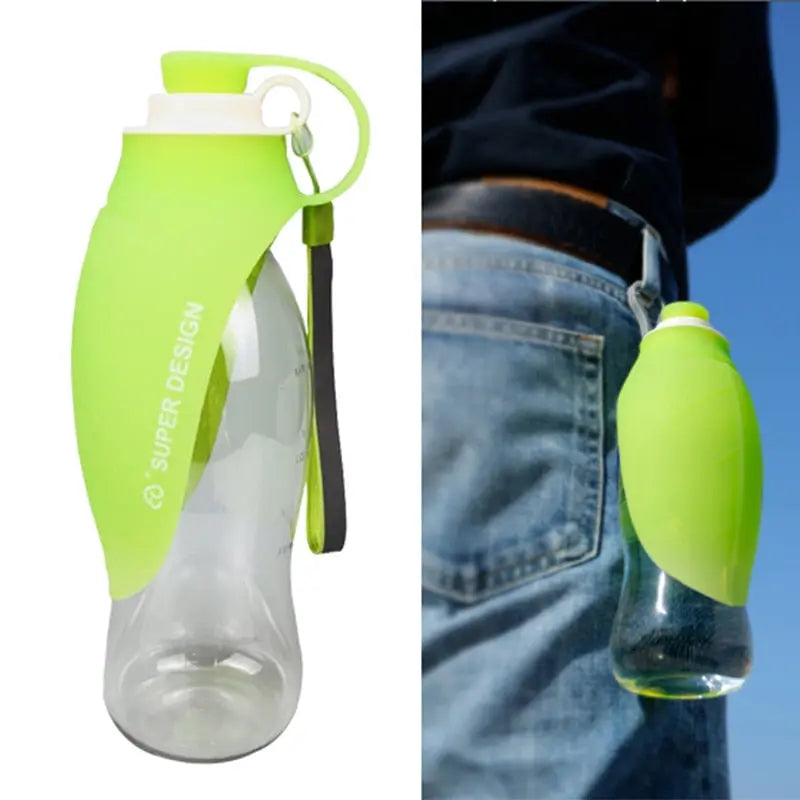 dog drinking from portable water bottle