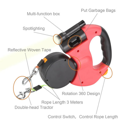 No-tangle dual dog leash with durable reflective design