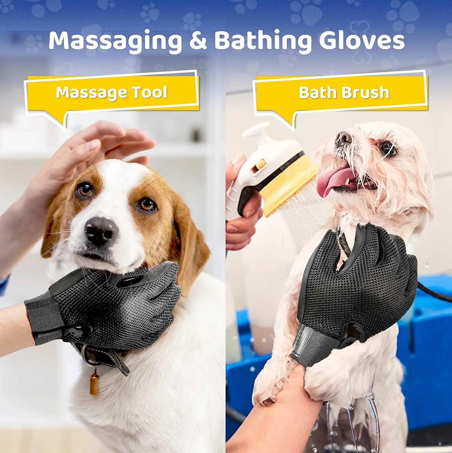 Silicone pet grooming glove removing loose hair during bath time