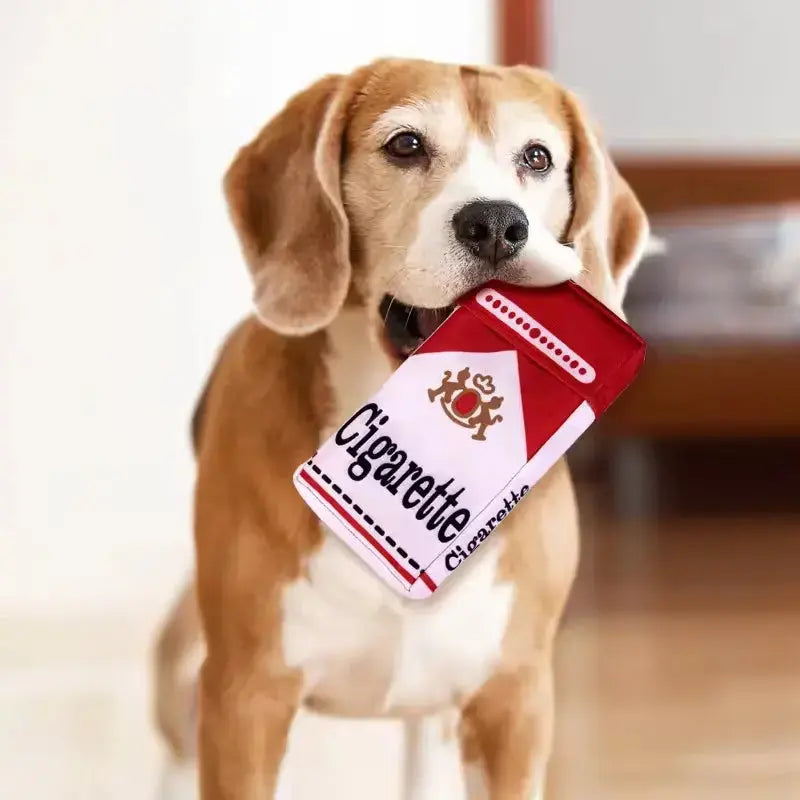 Dog playing with BeauPuff squeaky plush toy for mental stimulation